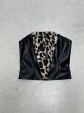 Women Leopard Fuzzy Patchwork Leather Strapless Top Sexy Bodycon Skirt Two-Piece Set