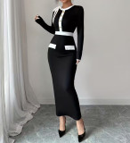 Women Autumn/Winter Chic Slim-Fit Black & White Color-Block Bodycon Long Dress