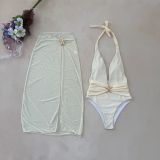 SexySolid Color Halter Neck One-Piece Swimsuit Slit Long Mesh Skirt Set
