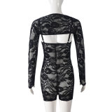 Women Autumn Sexy Lace Long Sleeve Cape Top & Strap Jumpsuit Set