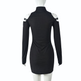 Women Spring/Summer Street Hip-Hop Cut-Out Shoulder Long Sleeve Stretch T-Shirt Dress