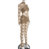 Women Patchwork See-Through Lace Long Sleeve Tight-Fitting Jumpsuit