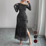 Women Fashion Leopard Print Slim-Fit Split Dress