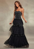 Women Vertical Stripe Strapless Long Cocktail Party Dress
