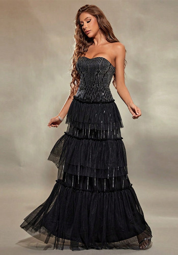 Women Vertical Stripe Strapless Long Cocktail Party Dress