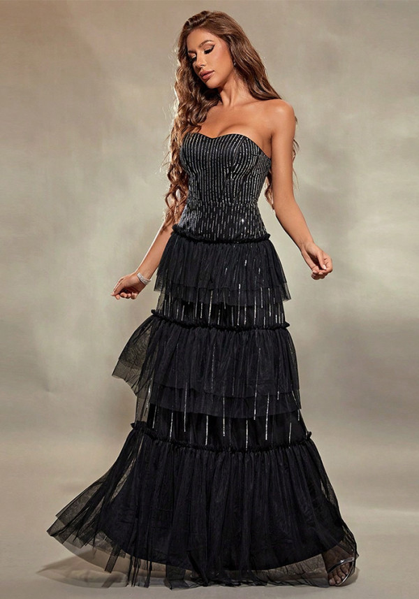 Women Vertical Stripe Strapless Long Cocktail Party Dress