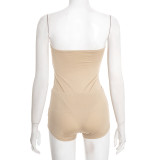Women Solid Sleeveless Tight-Fitting Sexy Strapless Bodysuit and Shorts Set