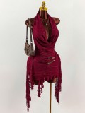 Women Solid Halter Neck Low-Back Ribbon Metal Detail Sexy Bodycon Mini Dress
