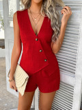 Casual Solid Color Button Vest and Shorts Two Piece Set