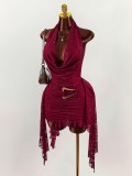 Women Solid Halter Neck Low-Back Ribbon Metal Detail Sexy Bodycon Mini Dress