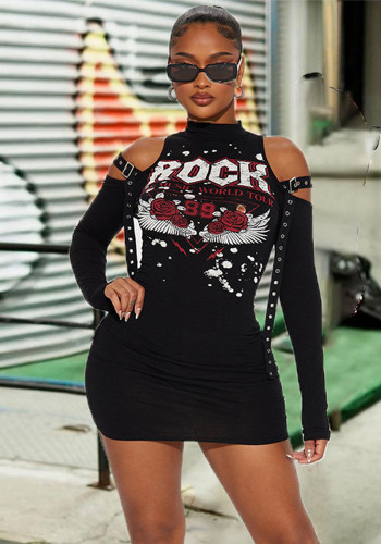 Women Spring/Summer Street Hip-Hop Cut-Out Shoulder Long Sleeve Stretch T-Shirt Dress
