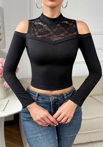 Women Sexy Black Cut-Out Lace Patchwork Long Sleeve Tight-Fit T-Shirt