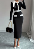 Women Autumn/Winter Chic Slim-Fit Black & White Color-Block Bodycon Long Dress
