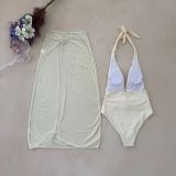 SexySolid Color Halter Neck One-Piece Swimsuit Slit Long Mesh Skirt Set