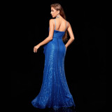 Women Strap Sequin Sexy Low-Back Split Evening Gown