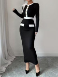 Women Autumn/Winter Chic Slim-Fit Black & White Color-Block Bodycon Long Dress