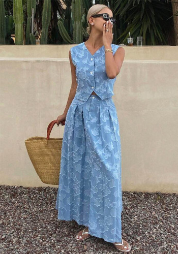 Women Casual Trendy Jacquard Vest Slim-Waist Long Skirt Two-Piece Set