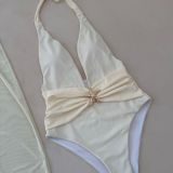 SexySolid Color Halter Neck One-Piece Swimsuit Slit Long Mesh Skirt Set