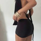 Women Plunge Neck Halter Low Back Lace-Up Top & Shorts Two-Piece Set