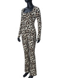 Women Autumn Sexy Slim-Fit Square-Neck Leopard Print Jumpsuit