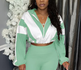 Women Color-Block Zip-Up Drawstring Jacket Elastic Comfortable Outerwear