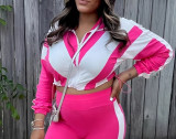 Women Color-Block Zip-Up Drawstring Jacket Elastic Comfortable Outerwear
