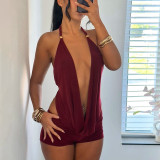 Women Plunge Neck Halter Low Back Lace-Up Top & Shorts Two-Piece Set