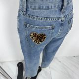 Women Fashion Heart Print Leopard Pocket Low-Rise Wide-Leg Straight Denim Pants