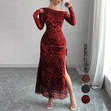 Women Fashion Leopard Print Slim-Fit Split Dress