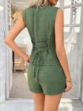 Casual Solid Color Button Vest and Shorts Two Piece Set