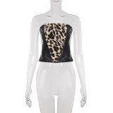 Women Leopard Fuzzy Patchwork Leather Strapless Top Sexy Bodycon Skirt Two-Piece Set
