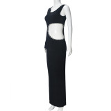 Women Beaded Decoration Slim-Fit Open-Waist Irregular Single-Sleeve Evening Dress