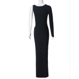 Women Beaded Decoration Slim-Fit Open-Waist Irregular Single-Sleeve Evening Dress