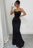 Women Red Sequin Strapless Halter Mermaid Slim-Fit Evening Gown
