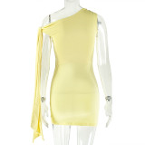 Women Solid Chic Ruched Slash Shoulder Sleeveless Lace-Up Bodycon Mini Dress
