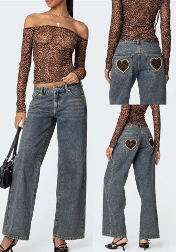 Women Fashion Heart Print Leopard Pocket Low-Rise Wide-Leg Straight Denim Pants