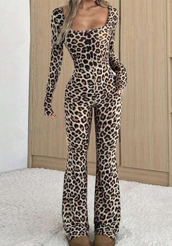 Women Autumn Sexy Slim-Fit Square-Neck Leopard Print Jumpsuit