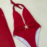 SexySolid Color Halter Neck One-Piece Swimsuit Slit Long Mesh Skirt Set