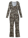 Women Autumn Sexy Slim-Fit Square-Neck Leopard Print Jumpsuit