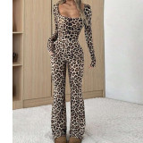 Women Autumn Sexy Slim-Fit Square-Neck Leopard Print Jumpsuit