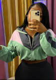 Women Color-Block Zip-Up Jacket Elastic Comfortable Outerwear