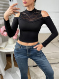 Women Sexy Black Cut-Out Lace Patchwork Long Sleeve Tight-Fit T-Shirt