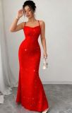 Women Red Sequin Strapless Halter Mermaid Slim-Fit Evening Gown