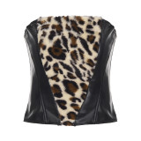 Women Leopard Fuzzy Patchwork Leather Strapless Top Sexy Bodycon Skirt Two-Piece Set
