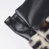 Women Leopard Fuzzy Patchwork Leather Strapless Top Sexy Bodycon Skirt Two-Piece Set