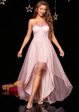 Women Mesh Strapless Slim-Fit High-Low Evening Dress