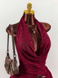 Women Solid Halter Neck Low-Back Ribbon Metal Detail Sexy Bodycon Mini Dress