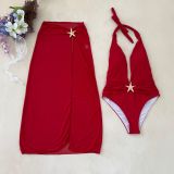 SexySolid Color Halter Neck One-Piece Swimsuit Slit Long Mesh Skirt Set