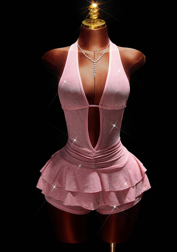 Women Solid Sexy Stretch Halter Low-Back Lace-Up Pleated Shorts Jumpsuit