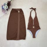 SexySolid Color Halter Neck One-Piece Swimsuit Slit Long Mesh Skirt Set
